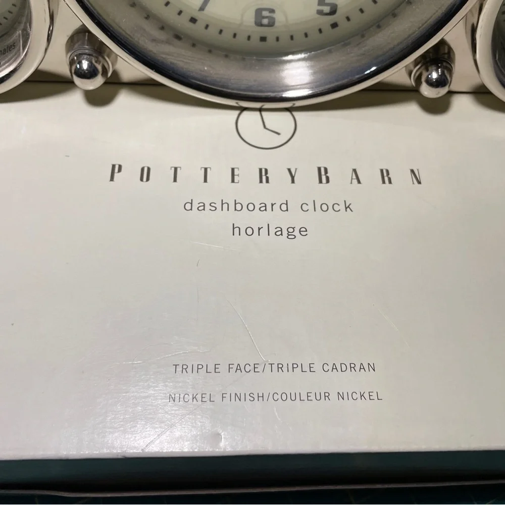 Pottery Barn Triple Face Dashboard Clock Nickel Finish Original Box & Packing - Picture 2 of 16